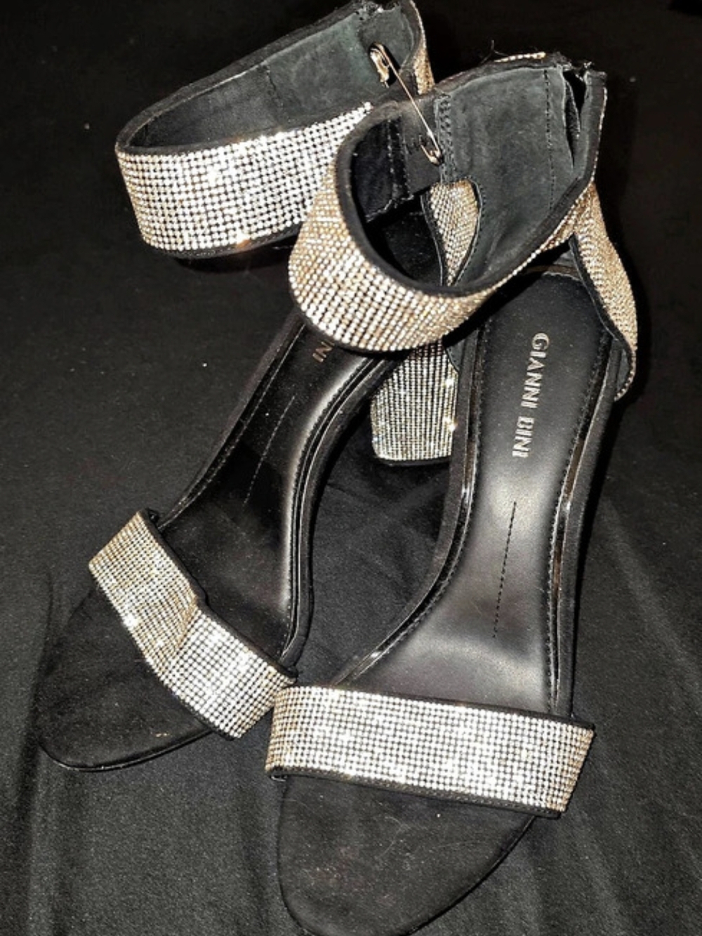 Gianni Bini Dericka Rhinestone Ankle Strap Block Heel Dress Sandals Heels Black
